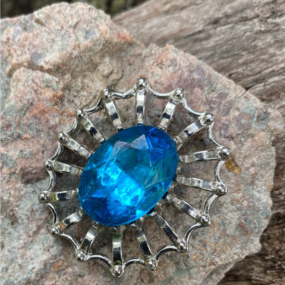 Vintage Blue Crystal Silver-Tone Brooch - Women Jewelry
